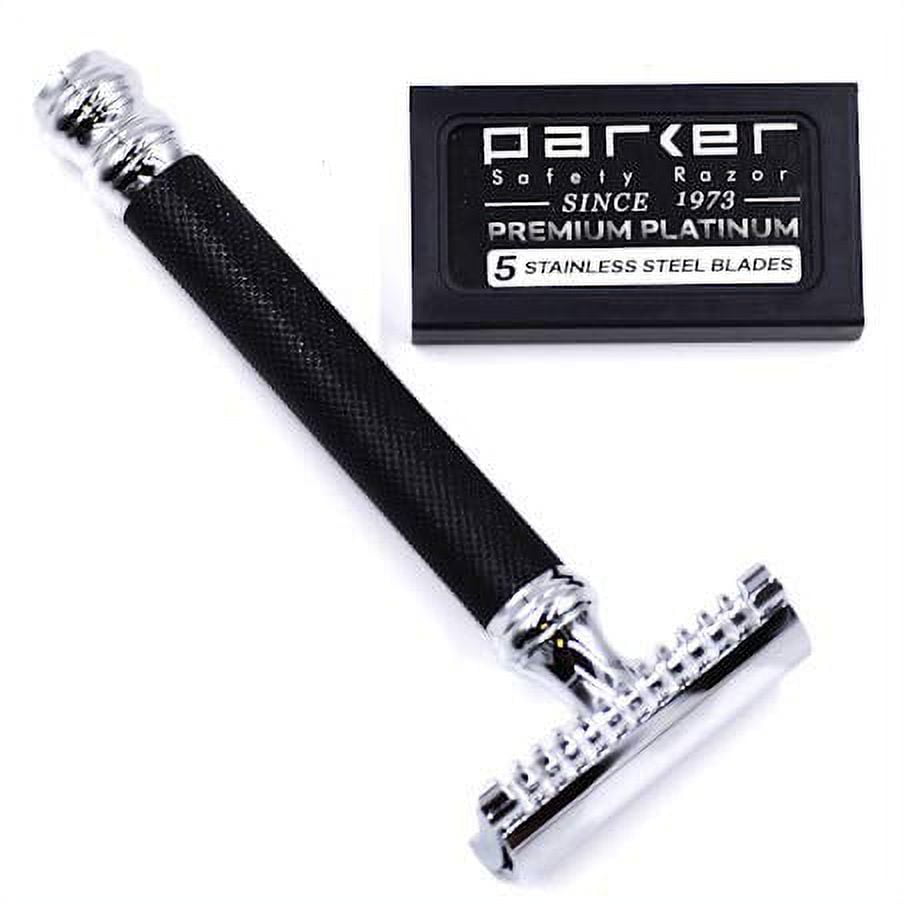 Parker 26C - Black Handle Three Piece OPEN COMB Double Edge Safety Razor & 5 Parker Premium Blades