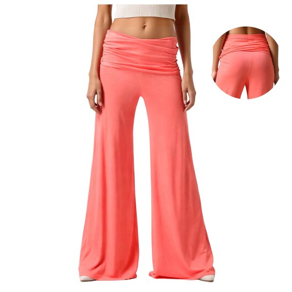 XINXIAOO 2026 Coral Fold Over Yoga Pants for Women On-Trend Solid Wide Leg Loose Fit Lounge Pants with Ruched Waist for Yoga Sports Everyday