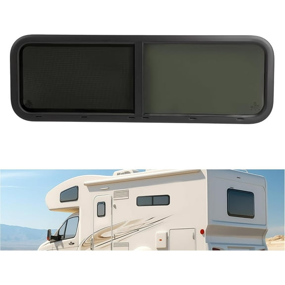 Kojem RV Window 48" x 15" Universal W/ Trim Ring and Mesh Screen Sliding Tear Drop Window Dark Tempered Glass Aluminium