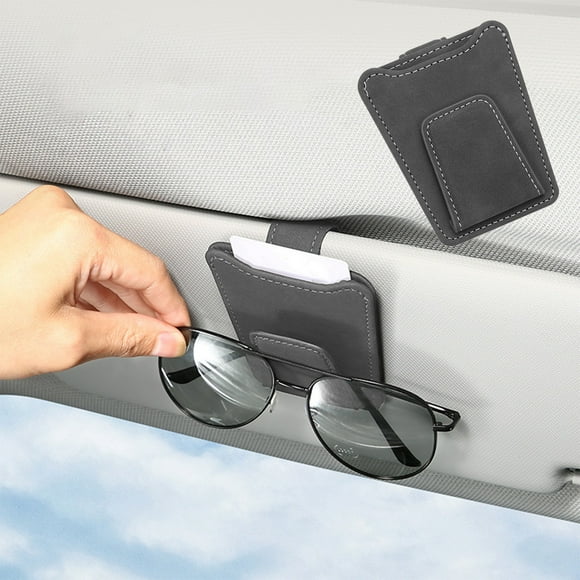 Car Glasses Clip, Premium Suede Leather Sun Visor Organizer, Non-Slip Sunglasses Holder with Card Storage Box for Driving Convenience, Gray