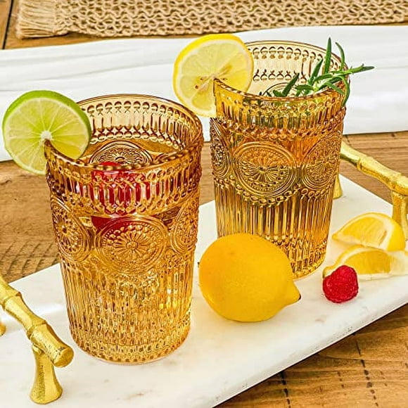 Vintage Textured Amber Striped Drinking Glasses Set of 6-13 oz Ribbed Glassware with Flower Design | Cocktail Set, Juice Glass, Water Tumbler