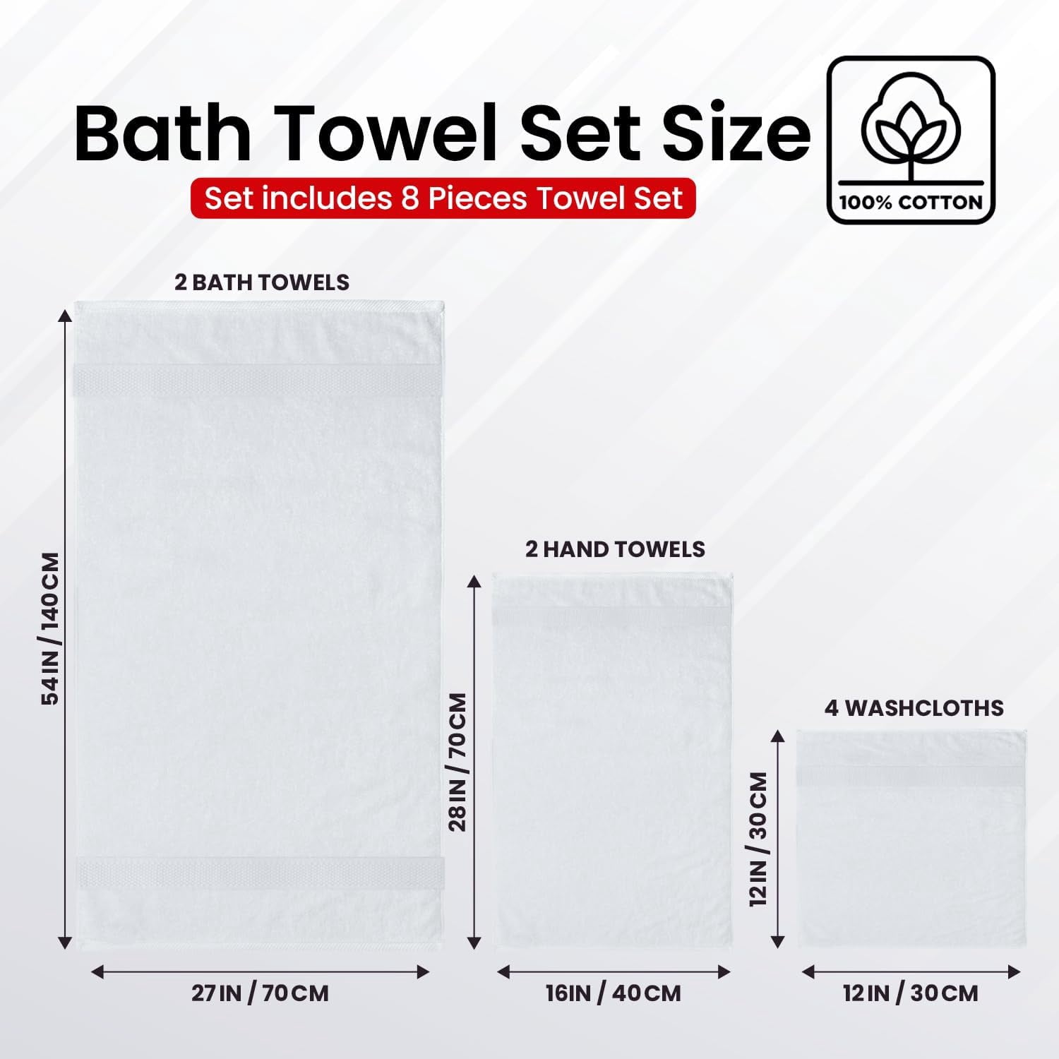 Luxury 100% Cotton Towel Set – 8 Piece Bathroom Towel Set (2 Bath Towels, 2 Hand Towels, 4 Washcloths) – Soft & Absorbent Towels for Bathroom (Brilliant White)