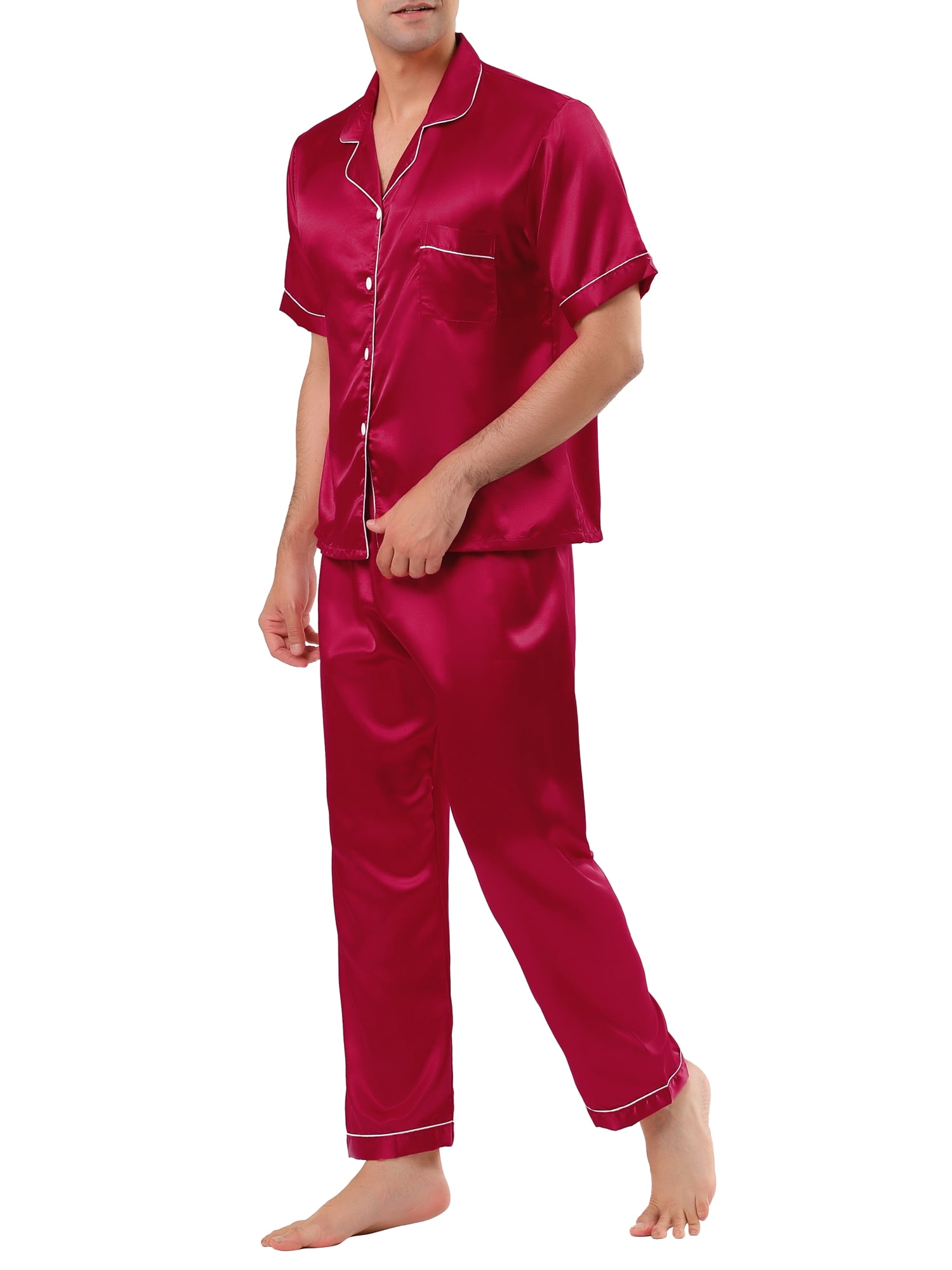 Unique Bargains Men's Button Down Satin Pajama Sets Short Sleeves Nightwear Large Burgundy