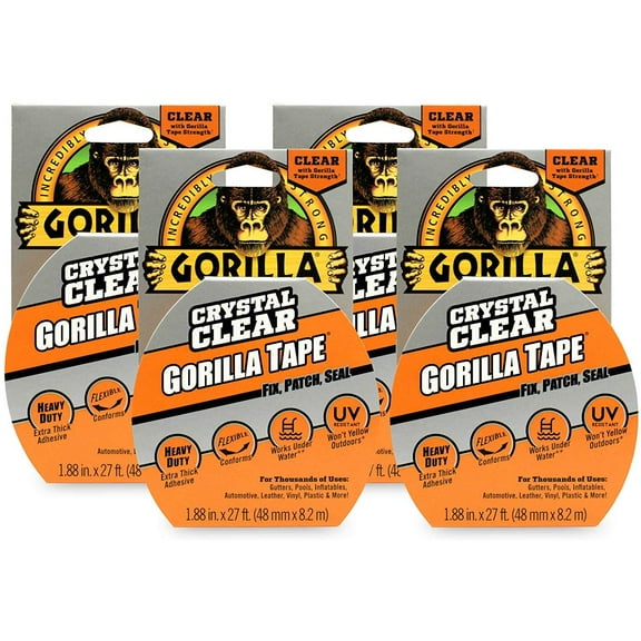 Gorilla Crystal Clear Duct Tape, 1.88" x 9 yd, Clear, Pack of 4
