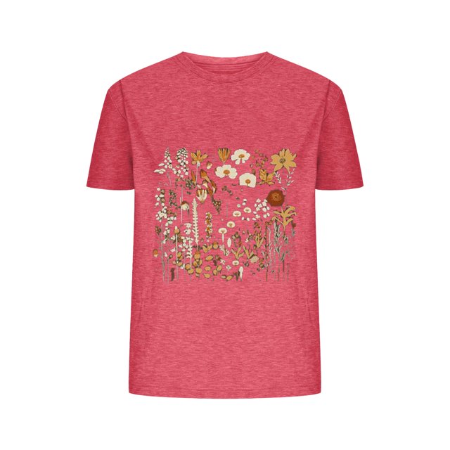Blusas de Verano de las Mujeres Flor Impresa Cuello Redondo Manga Corta Superior, Verano Superior de las Mujeres