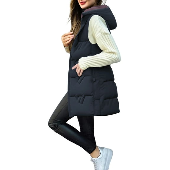 Womens Long Puffer Vest 2025 Winter Warm Quilted Sleeveless Jackets with Hood Stand Collar Puffy Zip Up Fall Outerwear Gray M