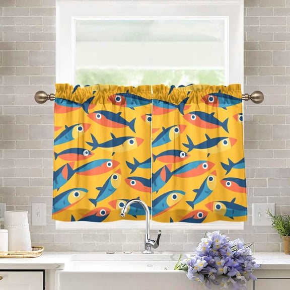 Yayeee Kitchen Curtains Tier Pair Light Filtering 27"x24" Rod Pocket Short Cafe Window Panel, Yellow Sardines Pattern