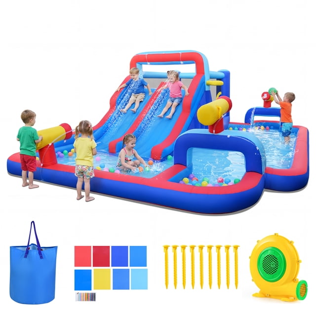 Patiojoy Bounce House 2-in-1 Inflatable Bouncing Castle with Climbing Wall Cannons Splash Pool and Water Slide