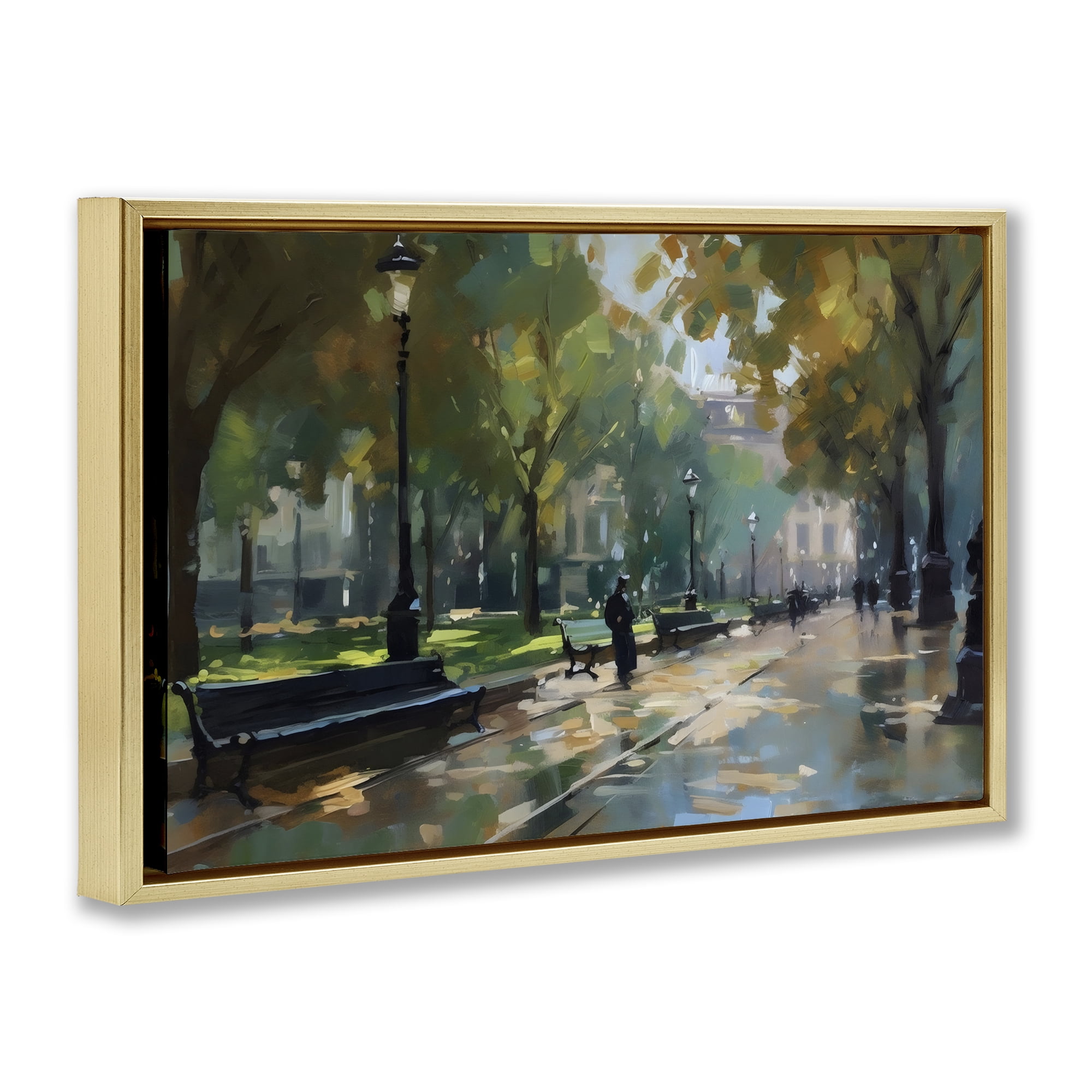 Stupell Industries Park Promenade on Rainy Day Gold Framed Floater Canvas Wall Art, design by Creative Studio