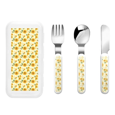 

Lukts Yellow White Plaid Sunflower for Children s Knife Fork and Spoon Three-Piece Set Stainless Steel Children and Toddler Safety Cutlery with Outer Box