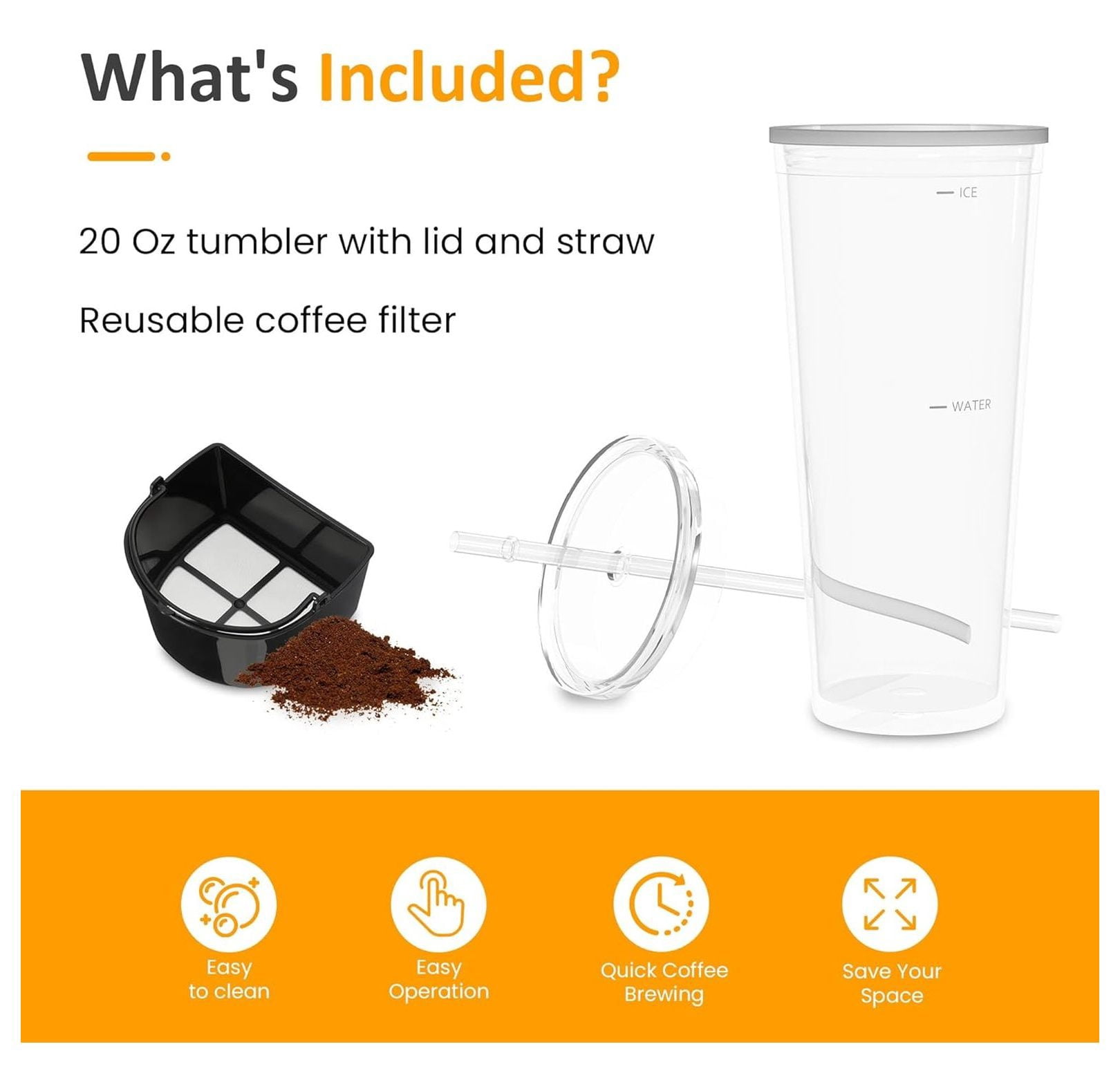 Iced Coffee Maker & Tea Brewer, 20oz Double Wall Cups, Single Serve, Strength Control, Portable Cold Brew System for Home & Office - Black