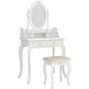 White Vanity Jewelry Makeup Dressing Table Set W/Stool 4 Drawer Mirror Wood Desk