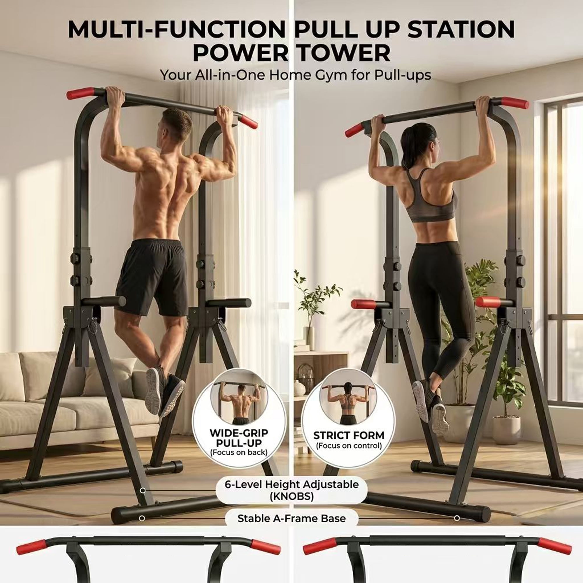Leumius Foldable Pull Up Bar Standing Power Tower,Multi-Function Dip Station, 6-Level Adjustable Height Strength Training Fitness Equipment for Home Gym,440lbs Max,Black+Red