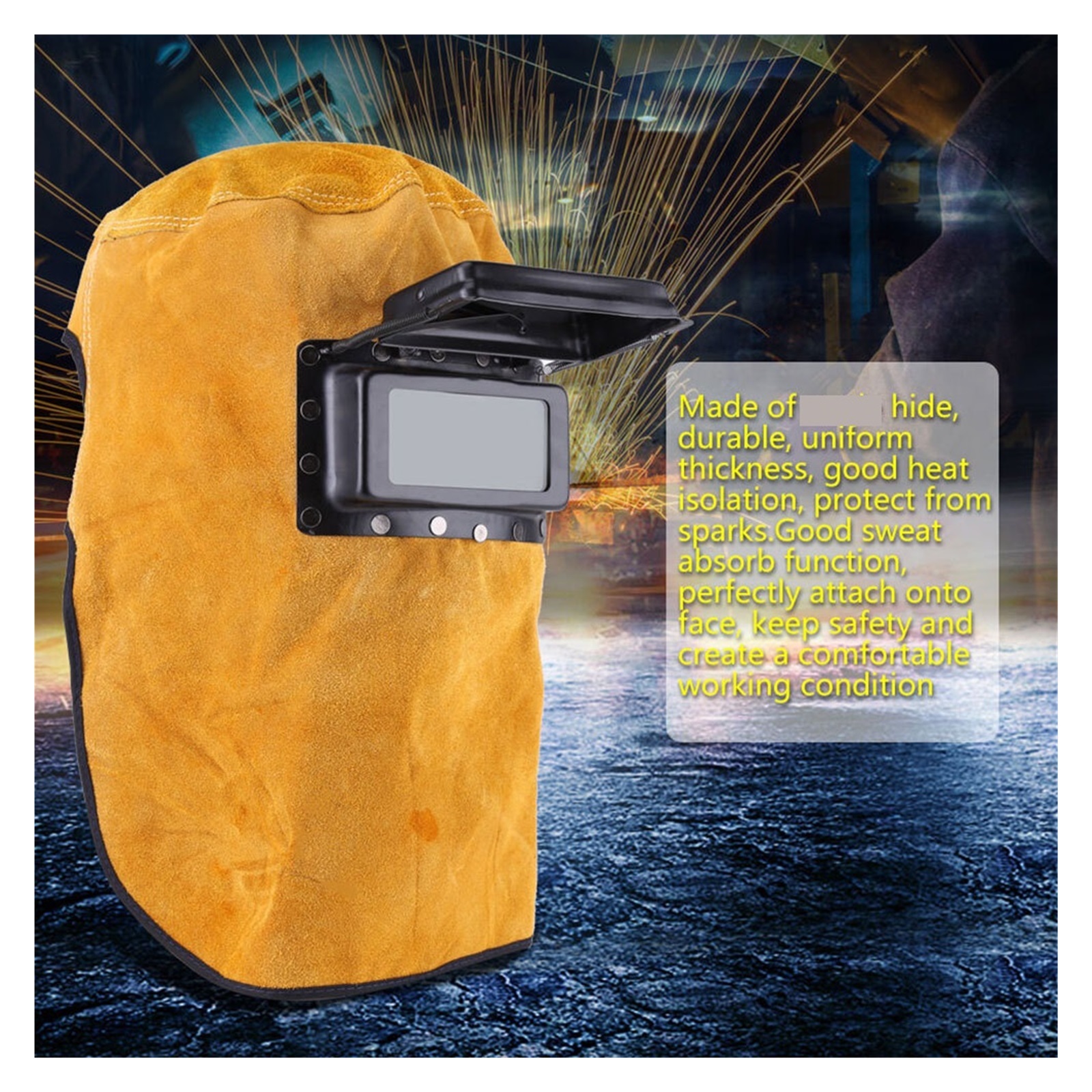 Protect Welder Mask Yellow Grinding Leather Hood Convenient Welding Helmet -15°-65° Filter Lens Head-Mounted Sparkproof ,Great Choice