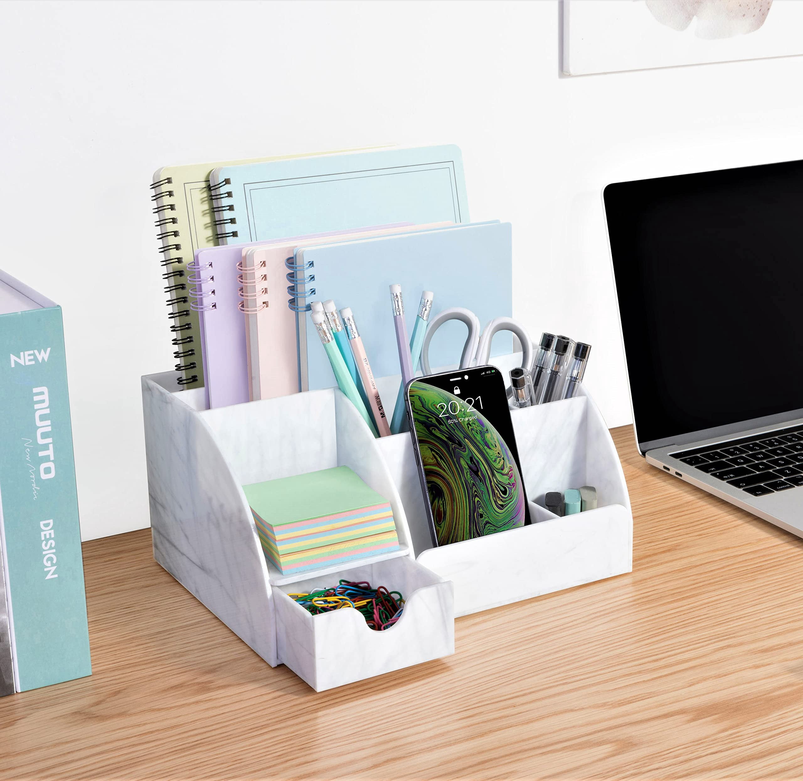 Marble Desk Organizer For Office Supplies And Accessories - 9 Sections Pencil Pen Holder Storage Desktop Organization Decor (white Grey Marble)