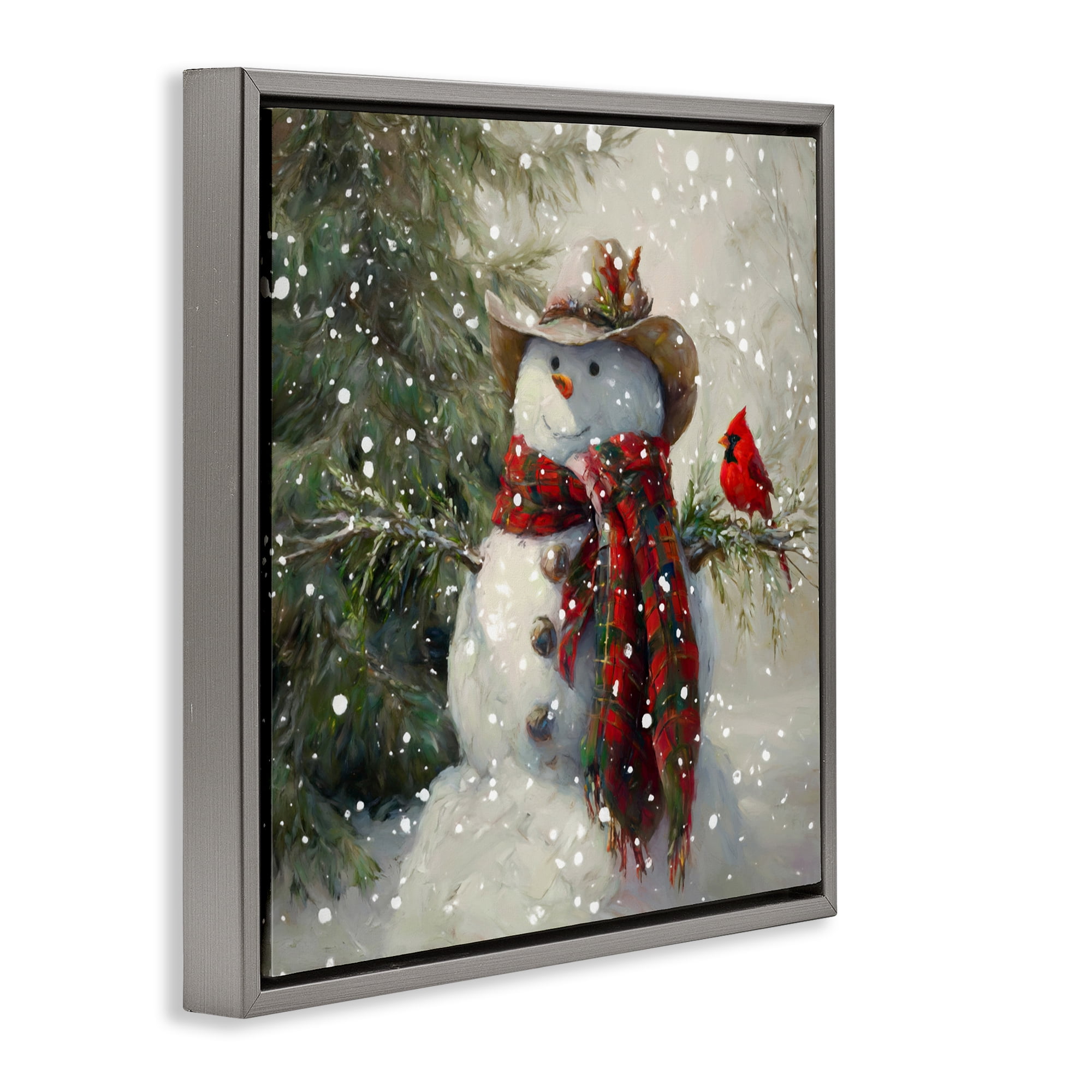 Stupell Industries Cowboy Snowman & Cardinal Gray Framed Floater Canvas Wall Art, design by Tina LeCour