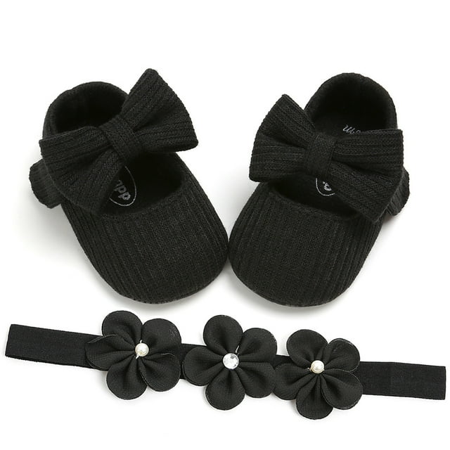 TheFound Chaussures de Berceau pour Filles Tout-Petits Chaussures de Robe avec Nœud + Bandeau Fleuri