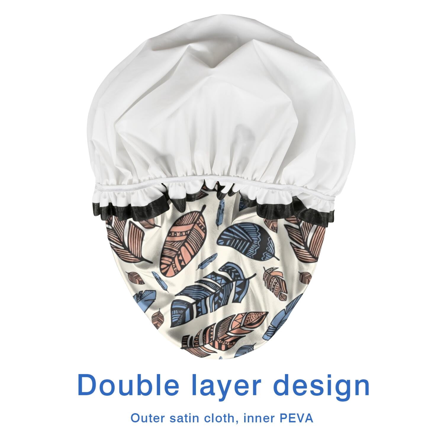 Shower Caps,Blue and Brown Feather Pattern Waterproof Shower Cap for Women 4 Pieces,Double Reusable Hair Cover for Shower PEVA Elastic Stretch Hem
