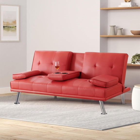 Aukfa Convertible Futon Sofa Bed with Cupholder&Pillow for Home Office Twin Size, Leather, Red