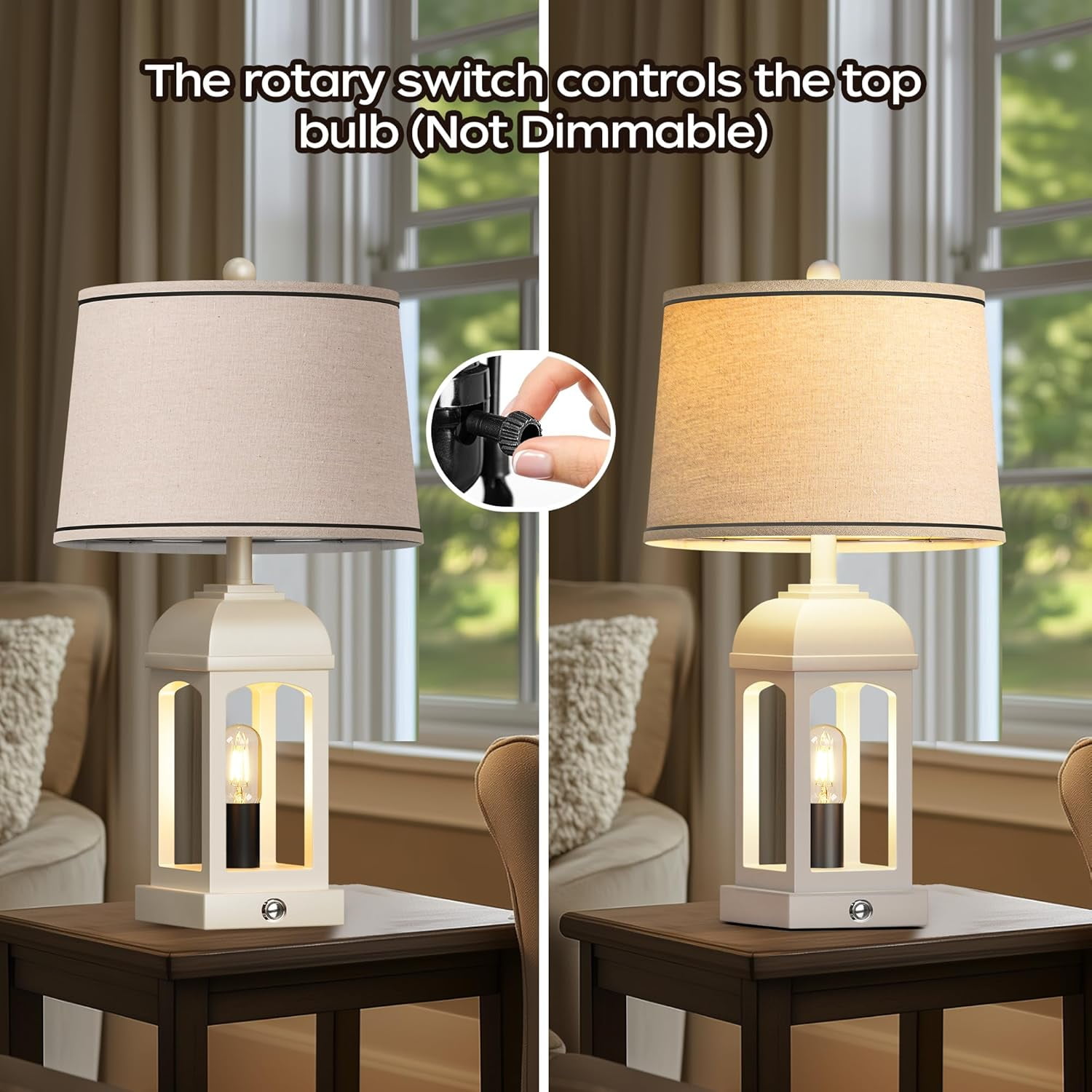 Holaki Table Lamp for Living Room, Farmhouse Lamps Set of 2 with USB A+C and Nightlight, 26" Rustic Bedside Lamps with 3-Way Dimmable, Touch Nightstand Lamp for Bedroom, White