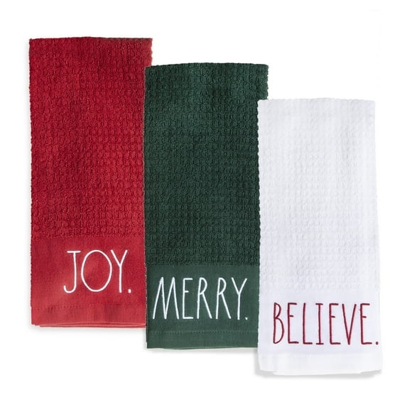 Rae Dunn Ensemble de 3 Serviettes à Main pour Cuisine et Salle de Bain 100 % Coton Brodées Thème de Noël 16 Pouces X 26 Pouces Serviettes Décoratives