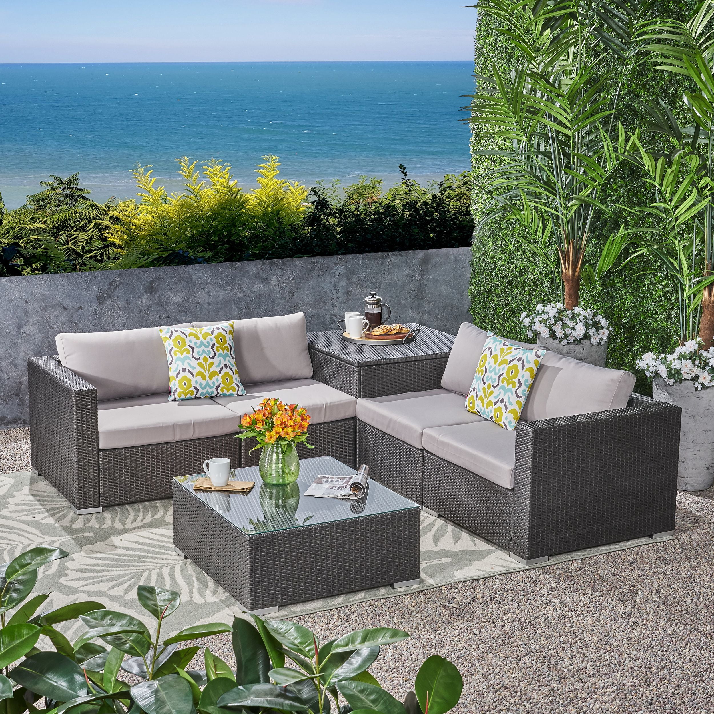 Brooke Outdoor 6 Piece Wicker and Aluminum Sectional Sofa Set with