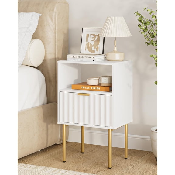 Nightstand,Modern Bedside Table with Gold Frame,White Night Stand,Bedside Furniture, Modern Side Table with Drawer and Shelf for Bedroom,Living Room (White)