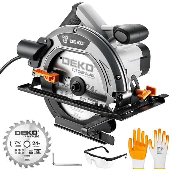 DEKO 7-1/4 Inch Corded Circular Saw, 1600W 11.7 Amp Electric Saw with 65mm Max Cutting Depth, 0-45° Bevel Cutting, 5500RPM, 2 Saw Blades & Edge Guide, Wood Cutting Power Tool