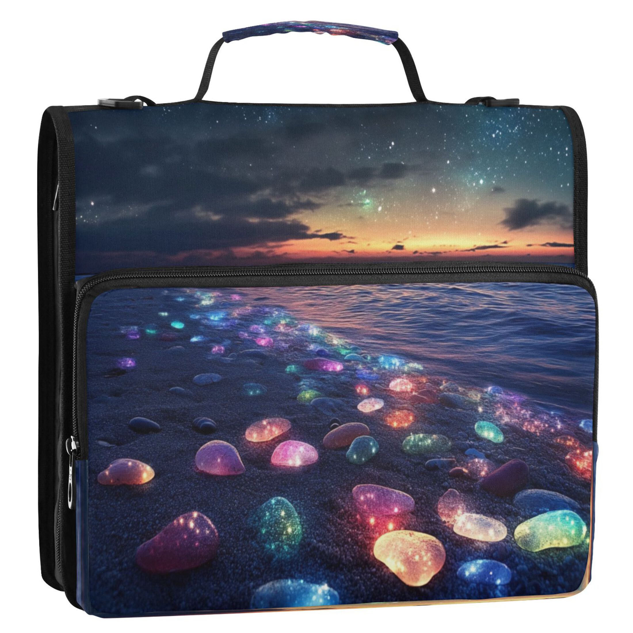 YAZAOO Zipper Binder trapper keeper Documents Organized Design Glowing Stones on Beach at Sunset Printed