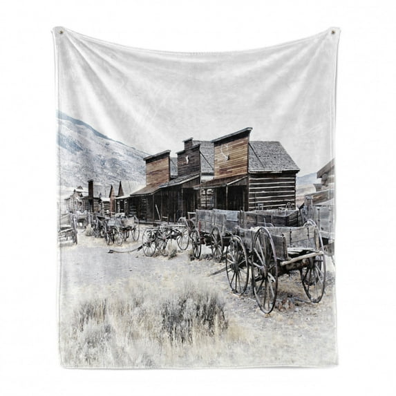 Western Soft Flannel Fleece Throw Blanket, Old Wooden Wagons from 20's in Ghost Town Antique Wyoming Wheels Artwork Print, Cozy Plush for Indoor and Outdoor Use, 50" x 70", Brown White, by Ambesonne