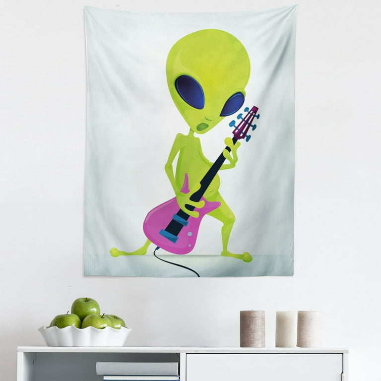 Popstar Party Tapestry, Cartoon Alien Character Playing Electric Guitar  Music Monster, Fabric Wall Hanging Decor for Bedroom Living Room Dorm, 5