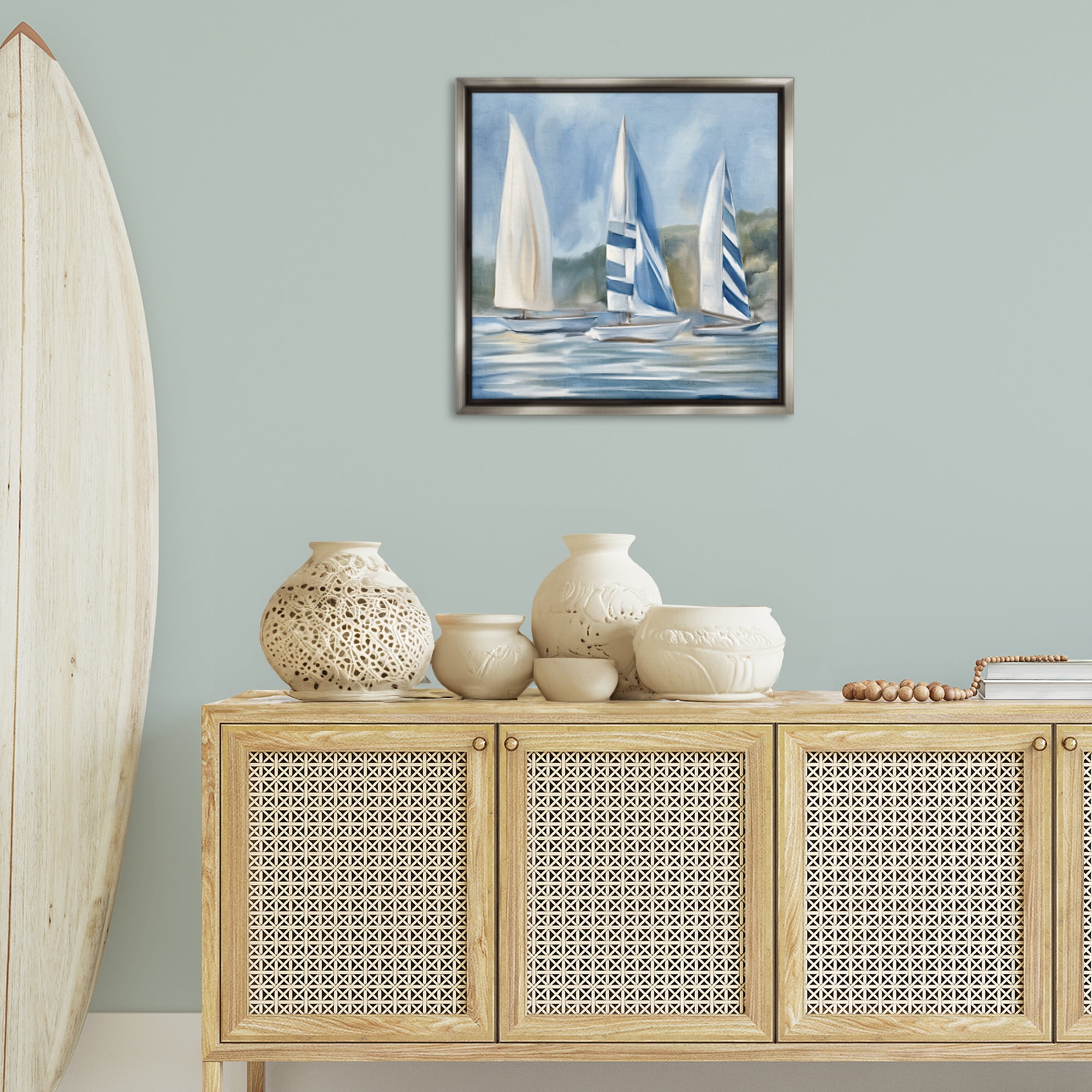 Stupell Industries Sailboat Trio Drifting Coastal Painting Gray Floater Framed Canvas Art Print Wall Art, 25 x 25