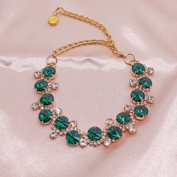 Dog Collar and Cat Collar Gold Chain Necklace Stainless Steel Adjustable Green Rhinestones Collar with Cute Pet Paw for Small Medium Pets Cats Dogs Kitten Puppy