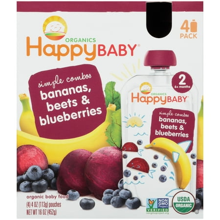 Happy Baby Food - Organic - Simple Combos - Bananas Beets and Blueberries - 6 Plus Months - Stage 2 - 3.5 oz - 4 Pack