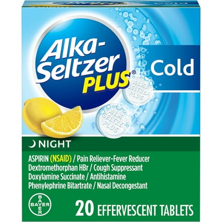 Alka-Seltzer Plus Night Cold Medicine, Lemon Effervescent Tablets with Pain Reliever/Fever Reducer, Cough Suppressant, Antihistamine, Nasal Decongestant, 20