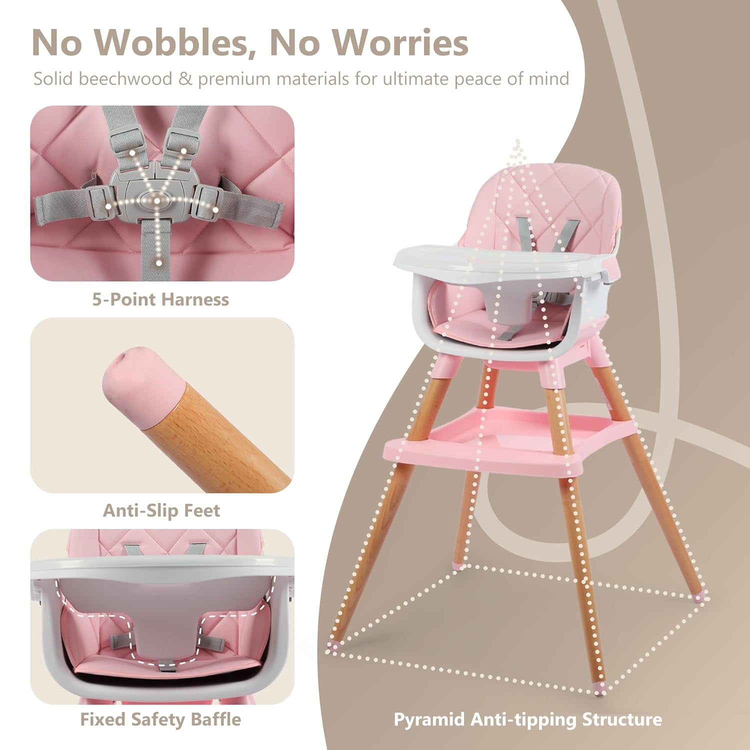 LINLUX Wood Baby High Chair, 7 in 1 Convertible Highchair, Infant Feeding Chair, Toddler Chair Pink