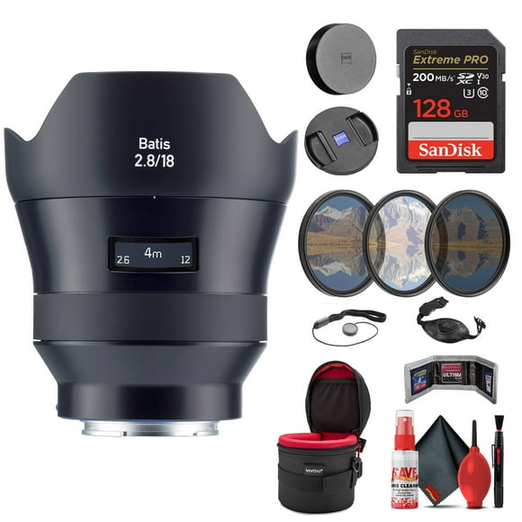 Zeiss Batis 18mm F/2.8 Lens for Sony E Mount (2136-691) + 128GB Extreme Pro SD Card + 77mm 3-Piece Filter Kit + Padded Lens Case + Memory Card Wallet + Hand Strap + Mini Tripod & Cleaning Kit