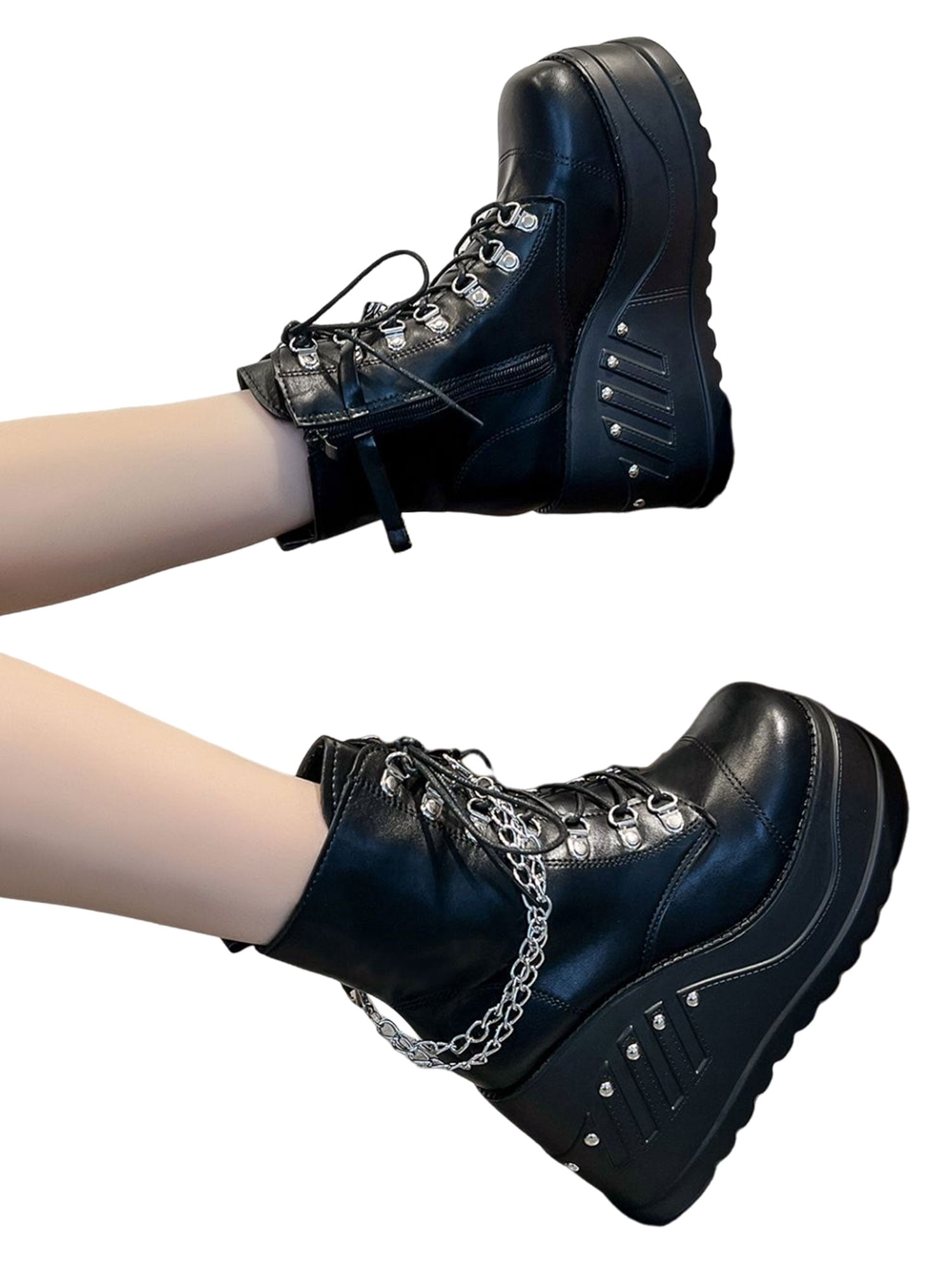 Woobling Women Booties Side Zip Ankle Boot Lace Up Platform Boots