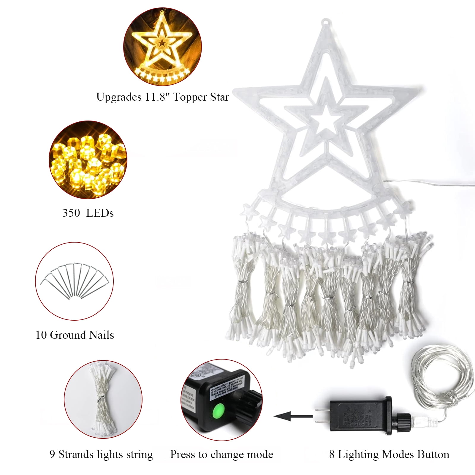 Outdoor String Lights Decorations, 350 LED Star Waterfall String Fairy Lights with 8 Modes for Indoor wedding Decor