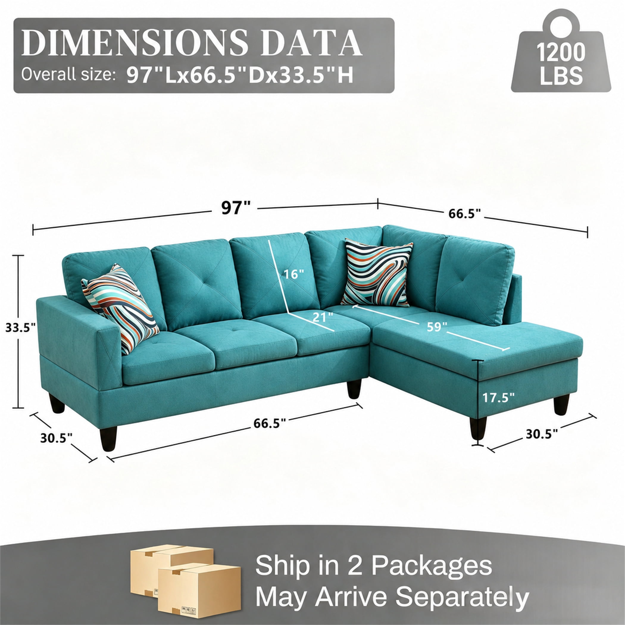 Aukfa 97" Classic Sectional Sofa 4 Seat L shape Couch for Living Room, 2Pillows, Oversized Right Chaise, Linen, Aqua Blue