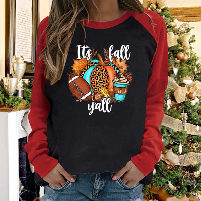 ICHUANYI Liquidación It's Fall Yall Mujer Cuello Redondo Estampado Jersey Tops Blusa de Manga Larga ICHUANYI WER202308253804