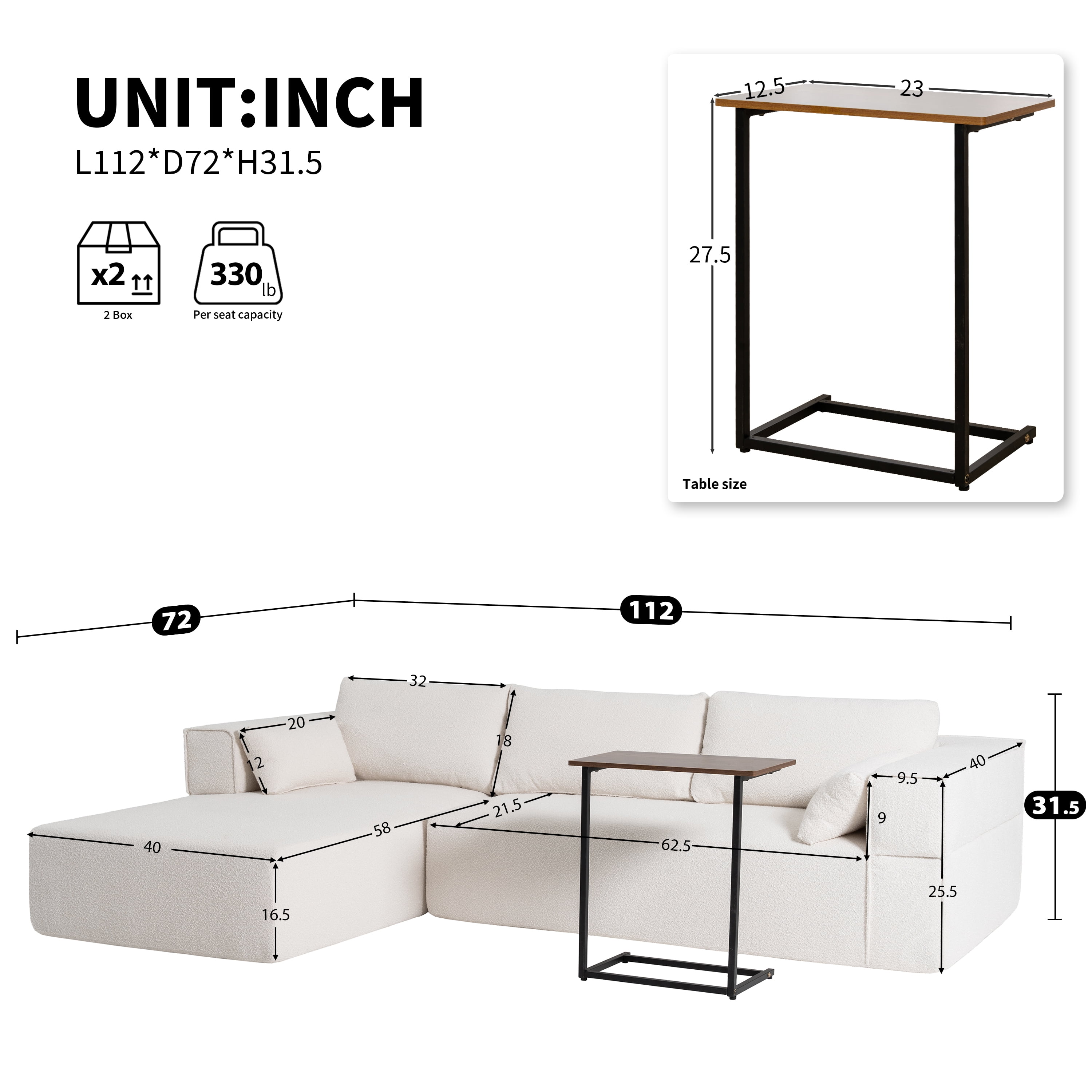 MAYEERTY 112" L-Shaped Modular Boucle Sectional Sofa - With Side Table, Wrinkle-Resistant, No Assembly, 3 Colors