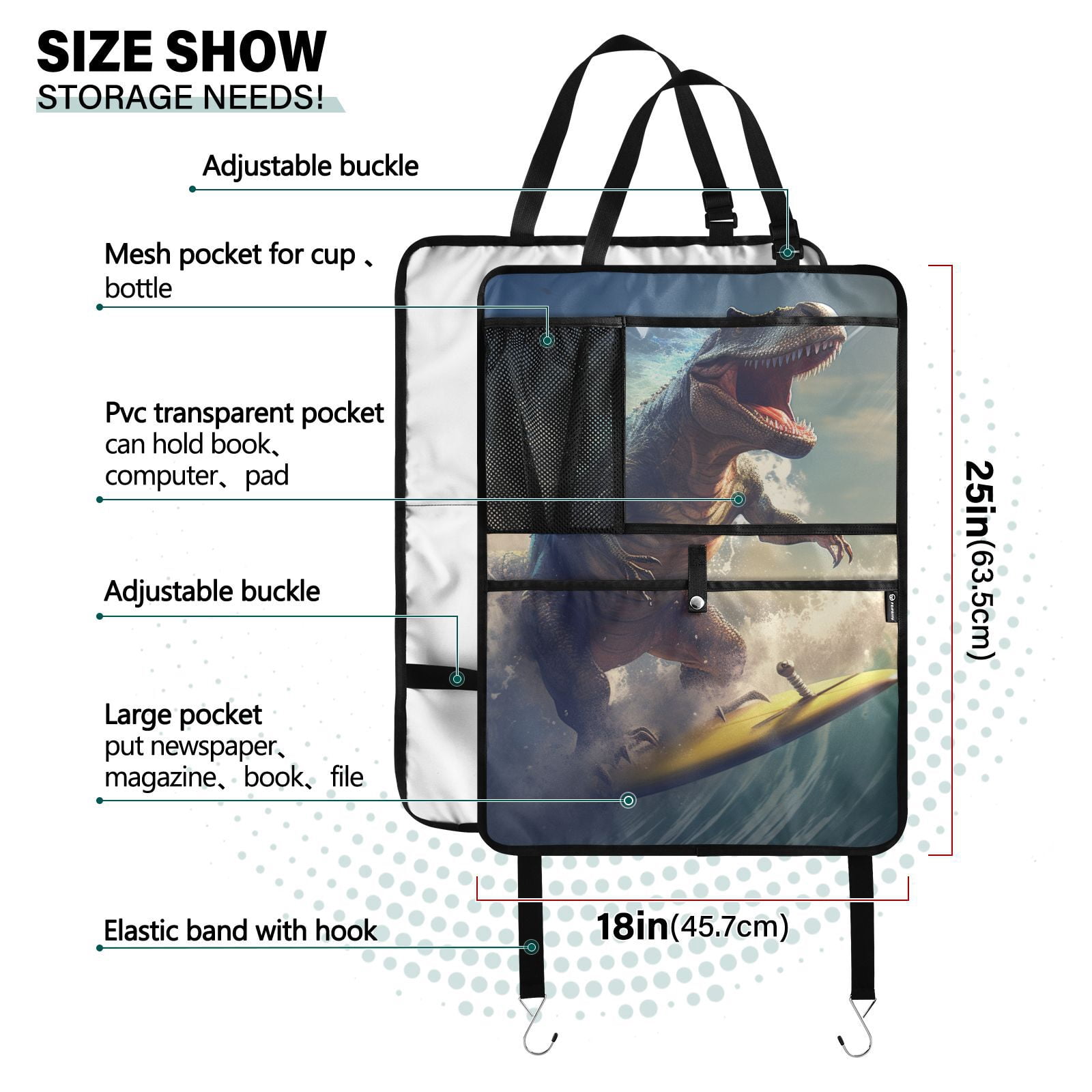 Dinosaur surfing epic wave ride(17) Back Seat Cover + Pocket Storage Organizer, 4 Pack Multifunctional Kick Mats Backseat Protector