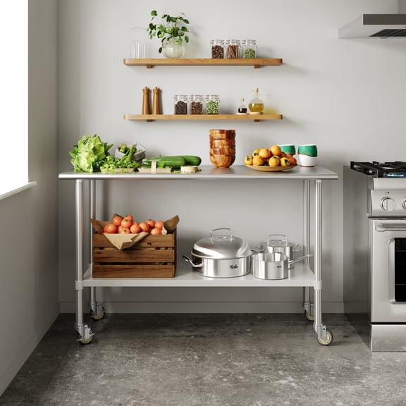 Flash Furniture Portable Prep and Work Table with NSF Certified Stainless Steel Top Shelf, 1.5" Backsplash, Galvanized Steel Undershelf, 4 Casters, 2 Locking