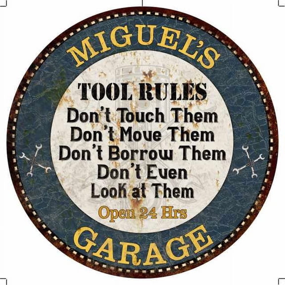 MIGUEL'S Garage Rules 14" Round Metal Sign Garage Wall Decor 100140015328