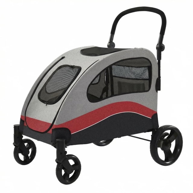 Dog Stroller Extra Large - Steel Frame Foldable Pet Carrier with Wheels & Brakes, Shock Absorption for Medium/Large Dogs, Red