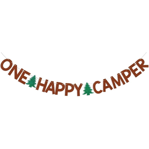 One Happy Camper Banner - Forest Safari Baby Shower Decor, Adventure Camping Party Decor, Camping 1st Birthday Party Decorations Brown Glitter