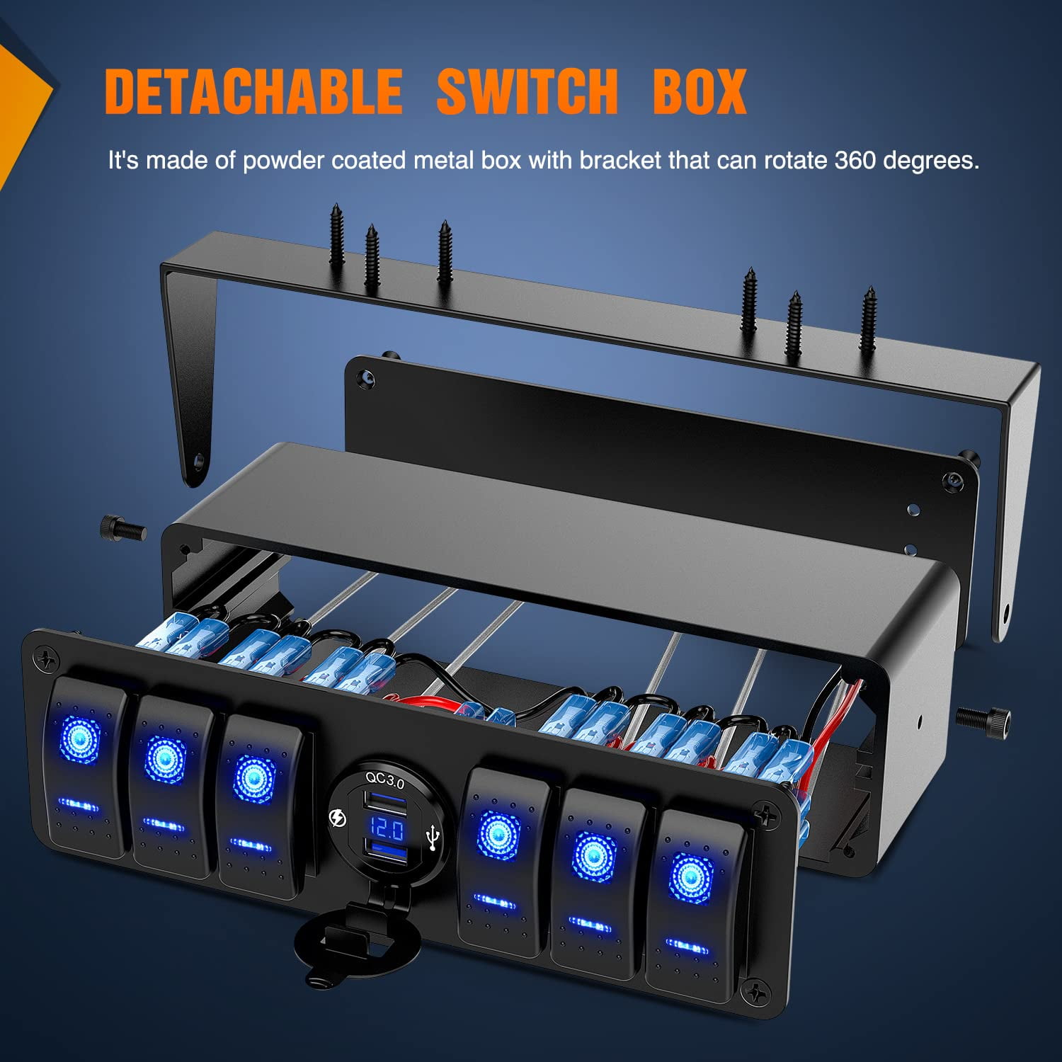 Nilight 6 Gang Rocker Switch Box 12V SPST ON Off Switch QC 3.0 USB Charger Voltmeter Waterproof Aluminum Rocker Switch Panel Night Glow Stickers for Boats Cars RVs Trucks, 2 Years Warranty,Blue