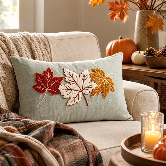 Cififendec Thanksgiving Lumbar Pillow Cover, 19.69"×11.81", Autumn Maple Leaf Embroidered Textured Fall Cushion Cover for Sofa Farmhouse Decor