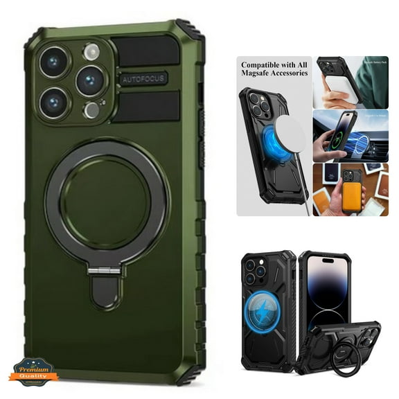For Apple iPhone 16 Pro (6.3") Hybrid Bumper Invisible Stand Compatible with Magsafe 360° Ring Kickstand Shockproof Phone Case Cover by Xpression - Green